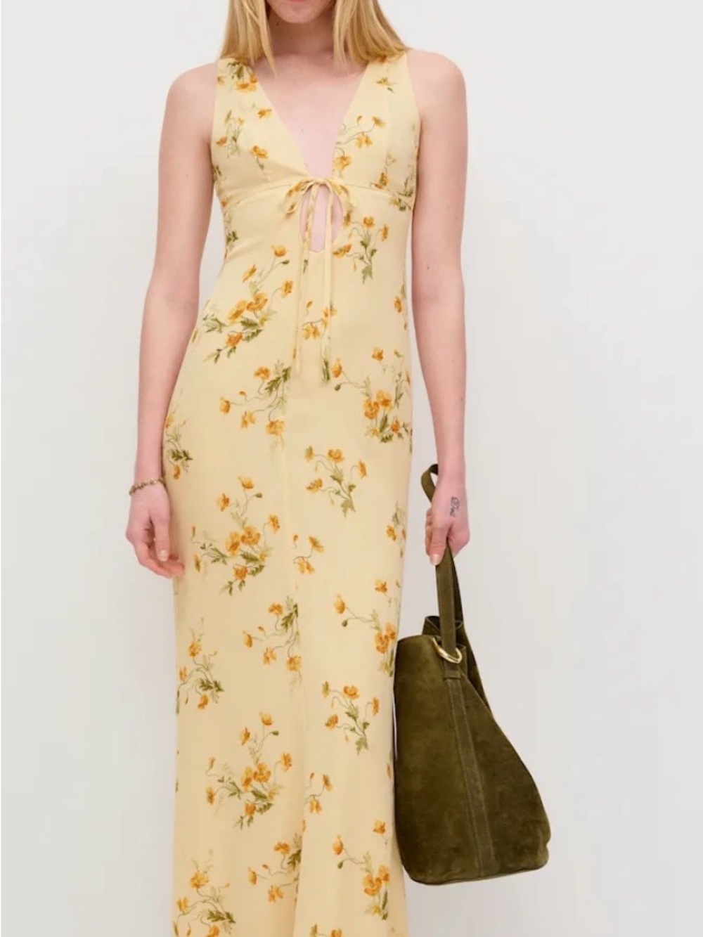 Reformation Cream-Yellow Floral Tie-Front Maxi Dress